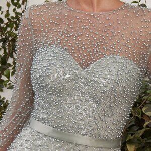 Sage Color Mother of The Bride FULLY PEARLED LONG SLEEVE FIT AND FLARE Gown 0997